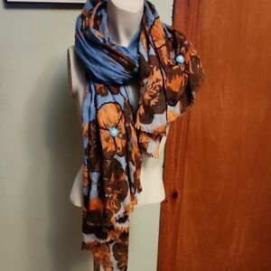 Elegant Floral Scarf in Blue and Orange